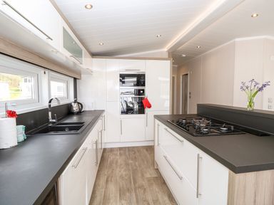 A kitchen with white cabinets black countertops a gas stove and a vase with flowers at Crosswinds 67 in Bembridge