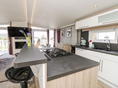 A modern kitchen with a stove on the island and a living area with TV and fireplace at Crosswinds 67 in Bembridge