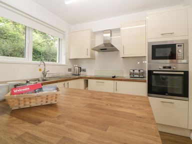 A kitchen with wooden countertops a sink kettle toaster built-in oven and microwave at Harcombe House Bungalow 3 in Chudleigh