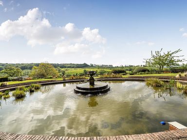 A garden with a fountain and a pond at Harcombe House Pet Free Bungalow in Chudleigh