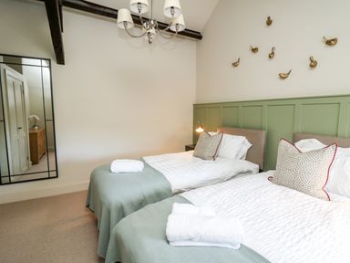 A bedroom with two single beds a green headboard and a wall mirror at Dant Y Llew in Bow Street Wales