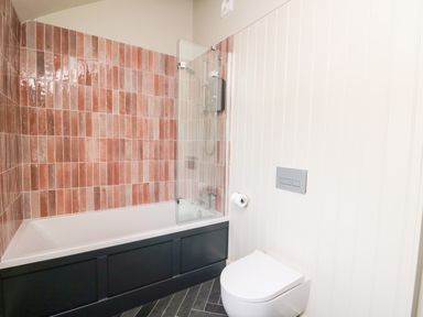 A bathroom with a bathtub with pink tiled walls and a glass shower screen and a toilet with a wall flush panel at Dant Y Llew in Bow Street Wales