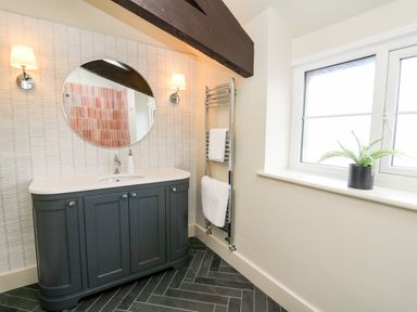 A bathroom with a sink cabinet mirror towel rack and window with plant at Dant Y Llew in Bow Street Wales