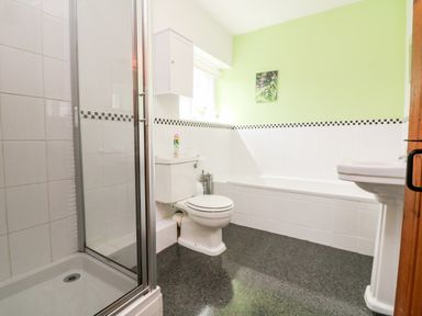 A bathroom with a shower enclosure toilet bathtub sink and a window at Home Farm Cottage in Fremington Devon