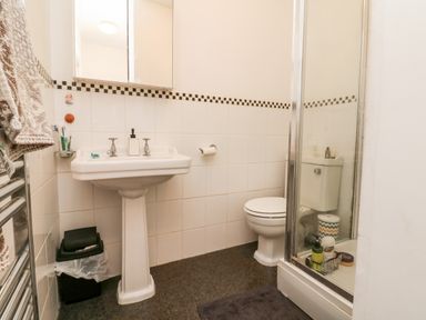 A bathroom with a pedestal sink toilet shower and mirror cabinet at Home Farm Cottage in Fremington Devon