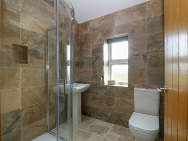 A bathroom with a shower enclosure a pedestal sink and a toilet next to a window at Tyddyn Bach in Rhydwyn
