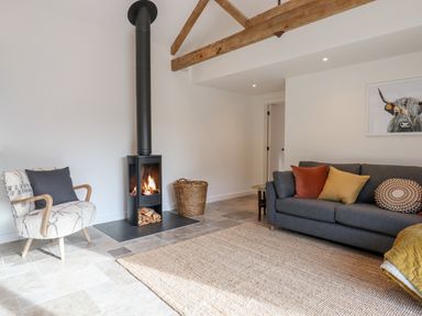 A living room with a wood burning stove a gray sofa with cushions an armchair and a woven basket at 1 Caddaford Barns in Buckfastleigh