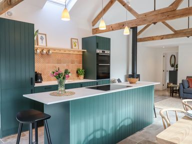 A kitchen with green cabinets a white countertop a vase with flowers a black stool and wooden ceiling beams at 1 Caddaford Barns in Buckfastleigh