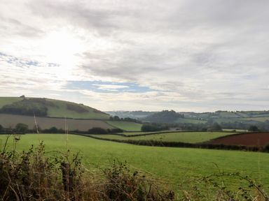 Green fields and rolling hills under a cloudy sky at 1 Caddaford Barns in Buckfastleigh
