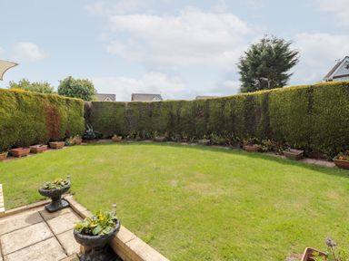 A garden with a lawn bordered by tall hedges and potted plants on a paved patio at Tartaria in Widdrington