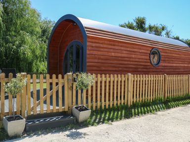 An outdoor wooden pod with a curved roof behind a wooden picket fence with two potted plants at Willow Pod in Arundel West Sussex