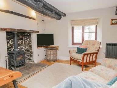 A living room with a wood burning stove a television and patterned armchairs at Ashness in Bassenthwaite near Keswick