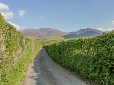 A narrow country road flanked by green hedges with mountains in the background at Ashness in Bassenthwaite near Keswick