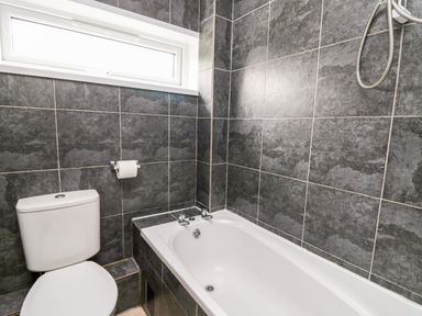 A bathroom with a white toilet and bathtub with dark tiled walls at Cwtsh Cragen in New Quay