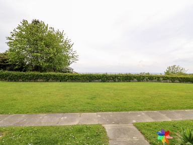 A grassy outdoor area with a paved path and a hedge with trees beyond at Cwtsh Cragen in New Quay