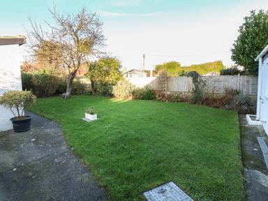 A backyard with grass lawn trees potted plants and a wooden fence at Disgwylfa in Moelfre