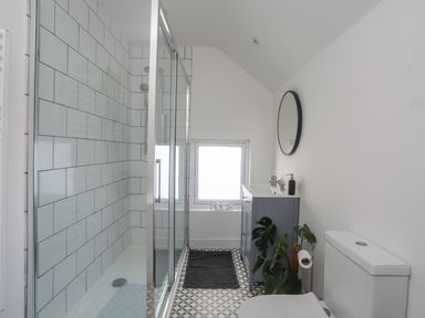 A bathroom with a glass shower enclosure a gray vanity with a round mirror a toilet and plants at Disgwylfa in Moelfre