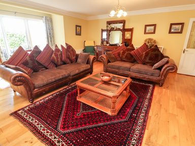 A living room with two brown sofas a wooden coffee table and a red patterned rug at Seascape Lodge in Kenmare County Kerry