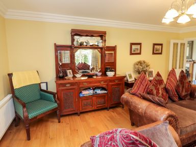A living room with a wooden sideboard with mirror green armchair a brown leather sofa with cushions and framed pictures on the wall at Seascape Lodge in Kenmare County Kerry