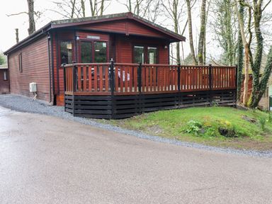 An exterior view of a wooden cabin with a porch surrounded by trees at Alfresco Lodge in Skiptory Howe 37B White Cross Bay near Windermere