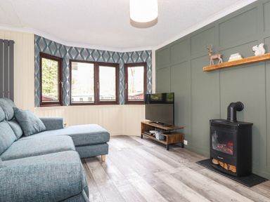 A living room with a blue sofa a television on a wooden stand and a black stove at Alfresco Lodge in Skiptory Howe 37B White Cross Bay near Windermere