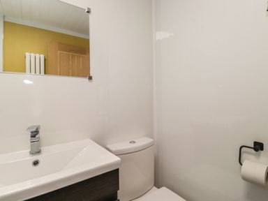 A bathroom with a sink cabinet and faucet a toilet and a toilet paper holder at Alfresco Lodge Skiptory Howe 37B White Cross Bay near Windermere