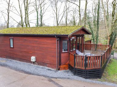 A wooden lodge with a moss-covered roof and a fenced wooden deck with outdoor furniture at Alfresco Lodge in Skiptory Howe 37B White Cross Bay near Windermere