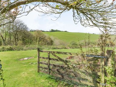 A wooden gate opening to a green field with trees and a hill in the background at Apple Barn in South Molton
