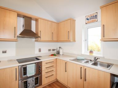 A kitchen with light wood cabinets stainless steel oven and stove a double sink and a small window at Beside the Sea in Eype