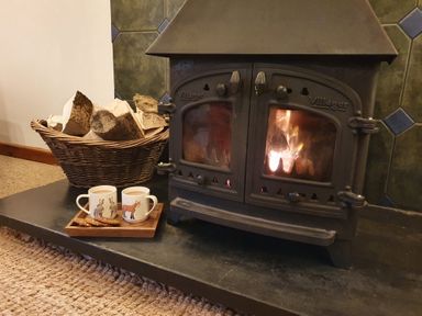 A wood burning stove with fire inside a basket of firewood and two mugs with biscuits on a tray at Ty Barcud in Llanfair Clydogau