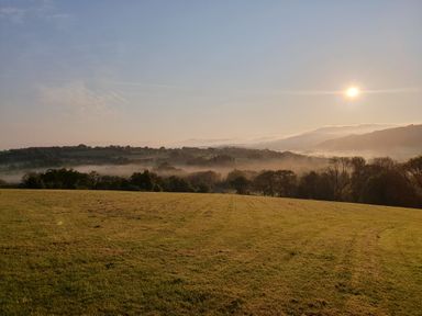 A grassy field with trees and hills in the background under a clear sky with the sun visible at Ty Barcud in Llanfair Clydogau