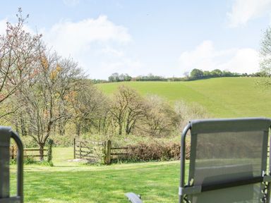 A grassy yard with two outdoor chairs facing a wooden gate and trees at Hazel Barn in North Molton