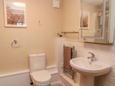 A bathroom with a toilet a sink a towel rack and a framed picture on the wall at Oak Cottage in North Molton