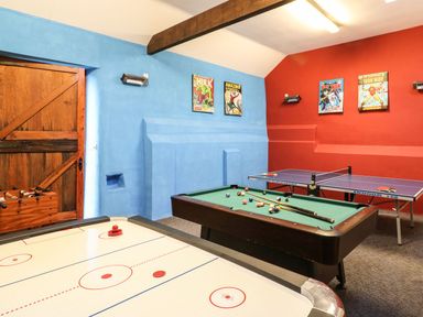 A games room with an air hockey table a pool table and a ping pong table with comic book posters on blue and red walls at Oak Cottage in North Molton