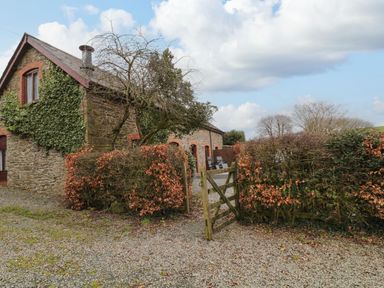 A stone house with ivy on the wall near a wooden gate and leafless trees at The Hawthorns in North Molton