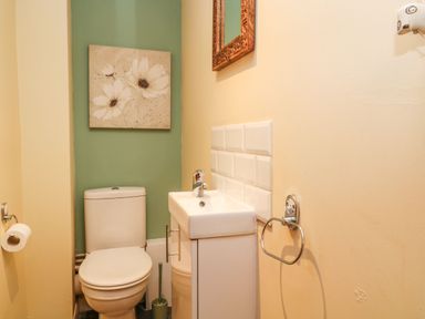 A small bathroom with a toilet sink and floral wall art at The Hawthorns in North Molton