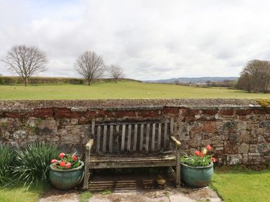 A wooden bench between two flower pots with tulips in a garden with stone wall and grassy field at Crablake Farmhouse in Exminster