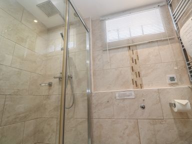 A bathroom with a shower and toilet at Heron St Ives