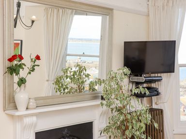 A room with a large mirror above a white mantelpiece a vase with red roses a potted plant a wall-mounted TV and a window showing a waterfront view at Whistler in St Ives