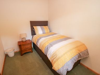 A small bedroom with a single bed striped bedding wooden nightstand with lamp and a white basket on green carpet at The Log Cabin in Newnham Bridge near Tenbury Wells