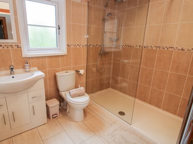 A bathroom with a sink cabinet toilet shower enclosure and window at The Log Cabin in Newnham Bridge near Tenbury Wells