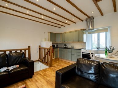 A kitchen and living area with black leather sofas wooden ceiling beams and green cabinets at Stable Cottage in Port Isaac