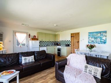 A living room and kitchen area with brown leather sofas and a kitchen with green cabinets at Atlantic Lodge in Port Isaac
