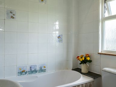 A bathroom with a bathtub decorated with fish tiles and a jug of flowers on a ledge at Atlantic Lodge in Port Isaac