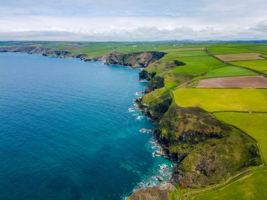 A coastal landscape with green fields and cliffs along the sea at Atlantic Lodge in Port Isaac
