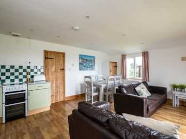 A living room with brown leather sofas a dining table with chairs and a kitchen area with a stove and wooden doors at Gull Lodge in Port Isaac