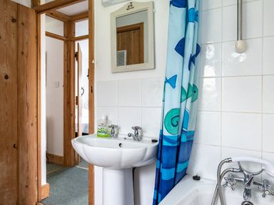 A bathroom with a white sink, mirror, blue shower curtain with fish design, and bathtub at Gull Lodge in Port Isaac