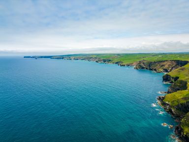 A coastal landscape with cliffs and green fields along the ocean at Gull Lodge in Port Isaac