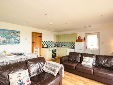 An open-plan living room with two brown leather sofas and an adjacent kitchen with green cabinets at Campion Lodge in Port Isaac