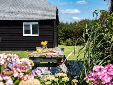 A wooden picnic table with food and flowers in a garden with a black wooden building and green plants at Harbour Lodge in Port Isaac